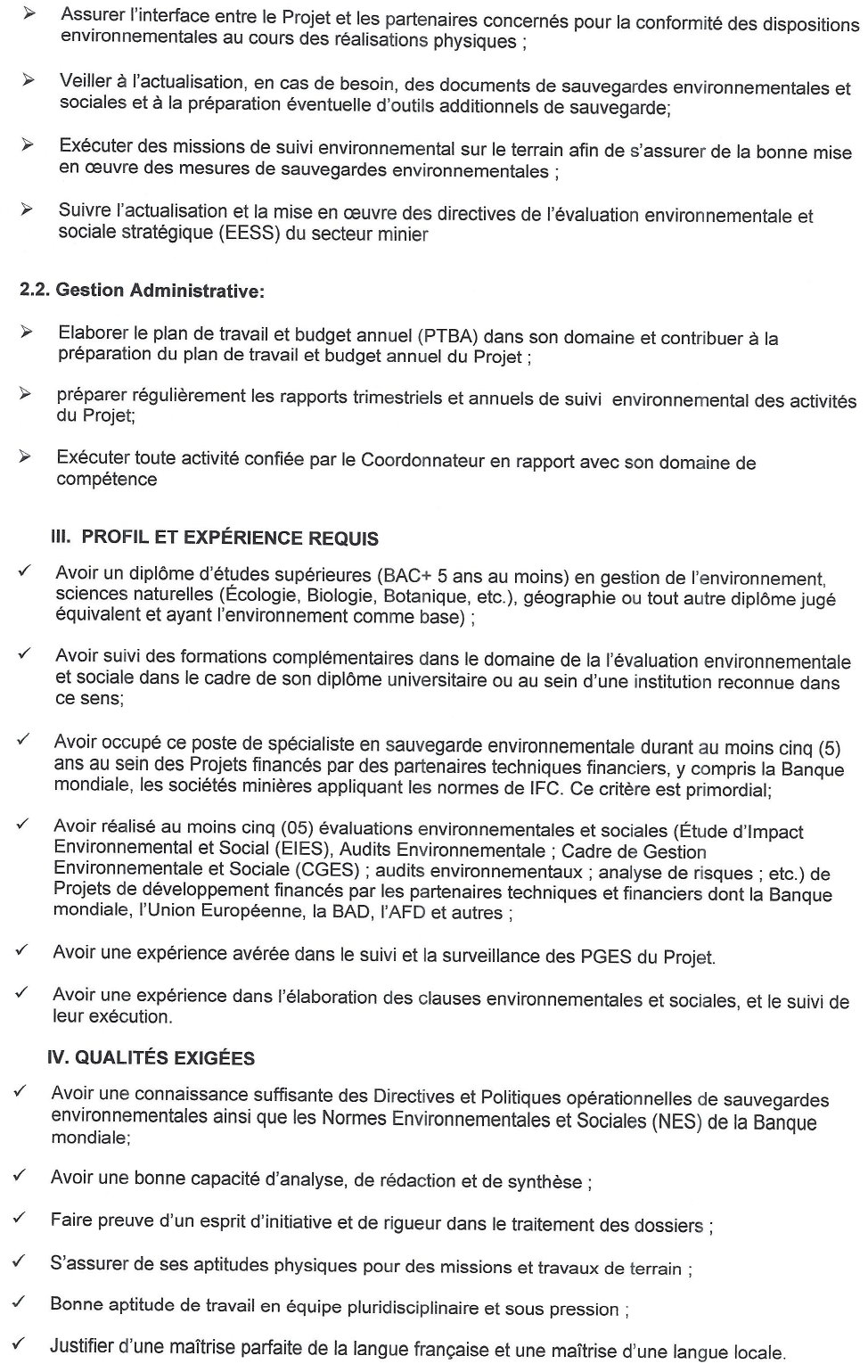 Sollicitation De Manifestation D'intérêt Pour Le Recrutement D'un Spécialiste En Sauvegarde Environnementale En Faveur Du | Page 3