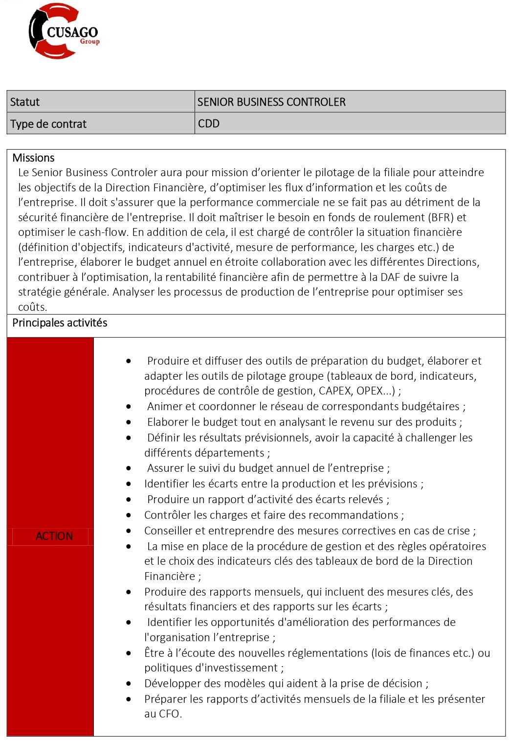 Avis De Recrutement D'un Senior Business Controler | page 1