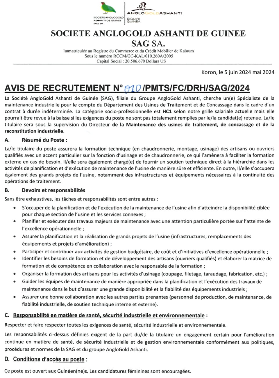 Avis de recrutement d'un Directeur de la Maintenance des usines de traitement, de concassage et de la reconstitution industrielle | Page 1