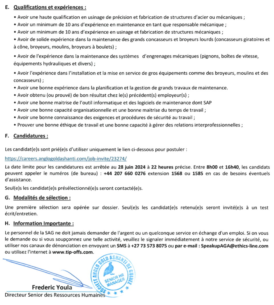 Avis de recrutement d'un Directeur de la Maintenance des usines de traitement, de concassage et de la reconstitution industrielle | Page 2
