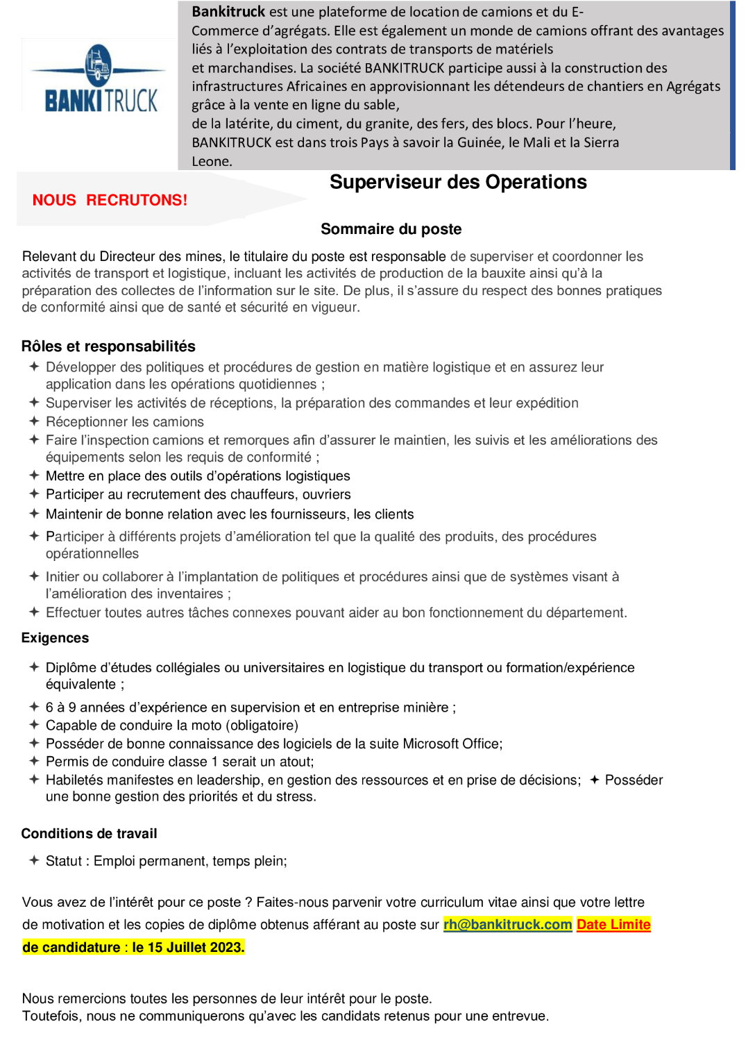 Superviseur des Operations  Bankitruck 