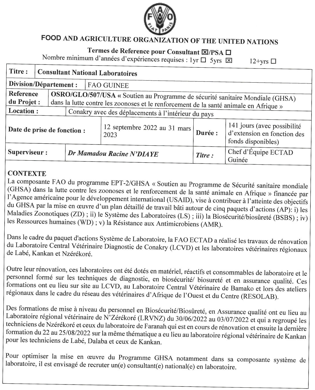 Avis de recrutement d'un Consultant National Laboratoires | Page 1
