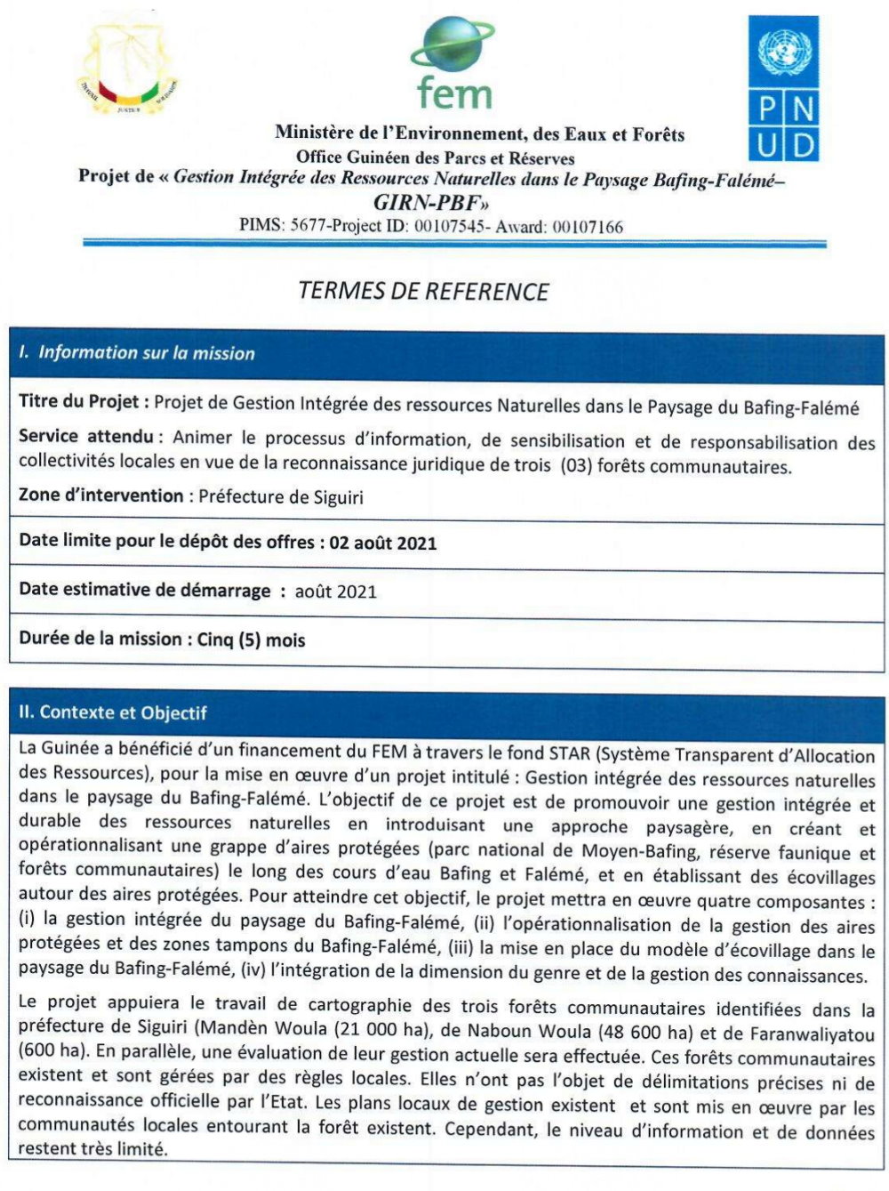 Avis d’appel d’offres pour l’animation de processus d’information, de sensibilisation et de responsabilisation des collectivités locales en vue de la reconnaissance juridique de trois (3) forets communautaires