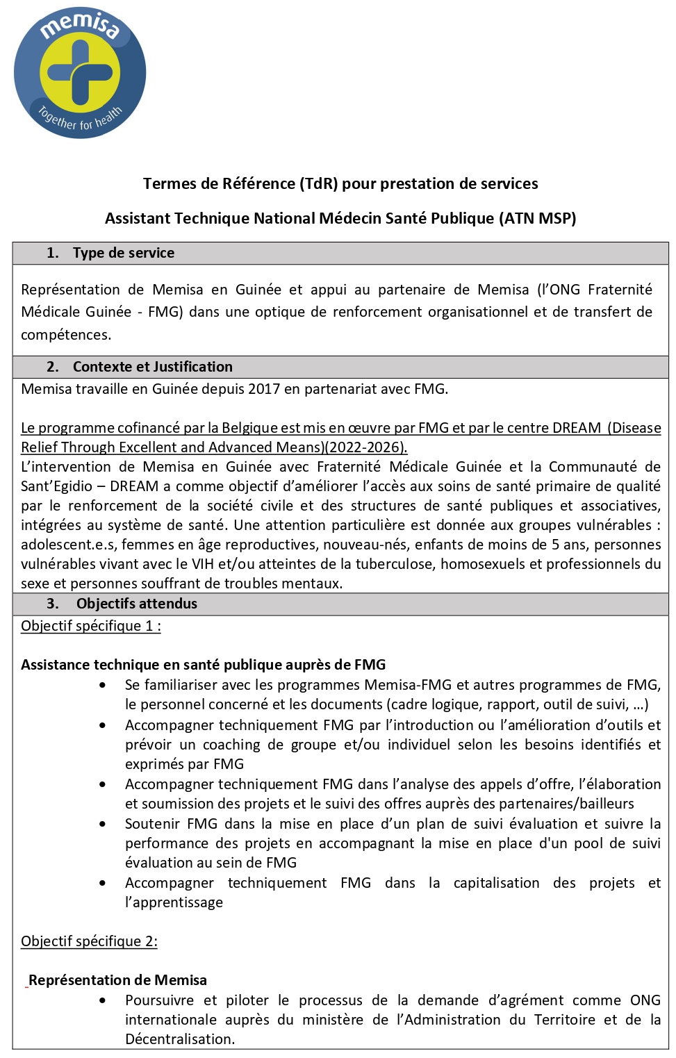 Termes de Référence (TdR) pour prestation de services Assistant Technique National Médecin Santé Publique (ATN MSP) | Page 1