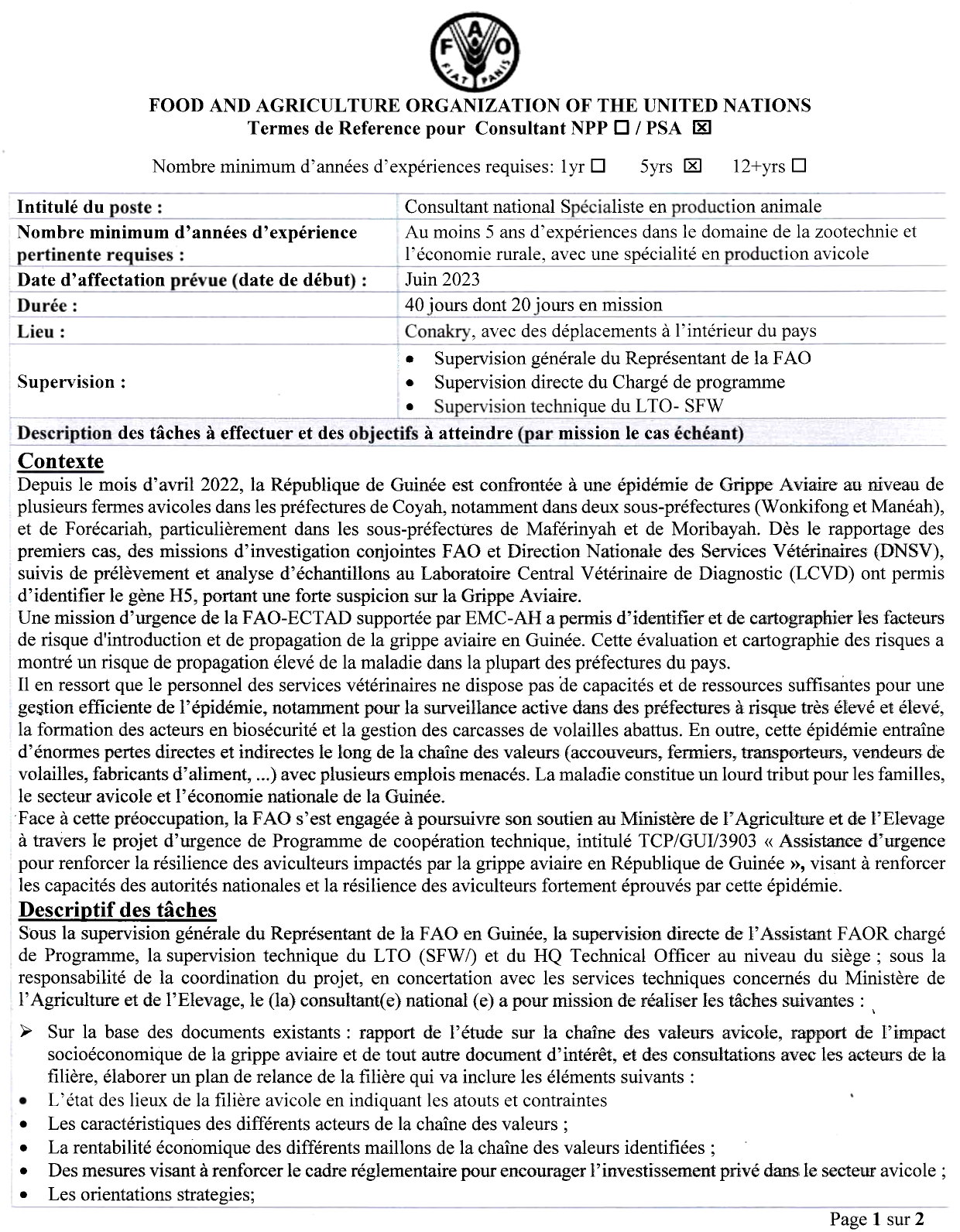 Consultant national Spécialiste en production animale | page 1