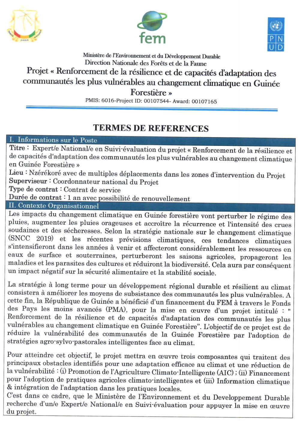 Avis de recrutement D'un Expert/e National/e en Suivi-évaluation du projet « Renforcement de la résilience et de capacités d'adaptation des communautés les plus vulnérables au changement climatique en Guinée Forestière » | Page 1