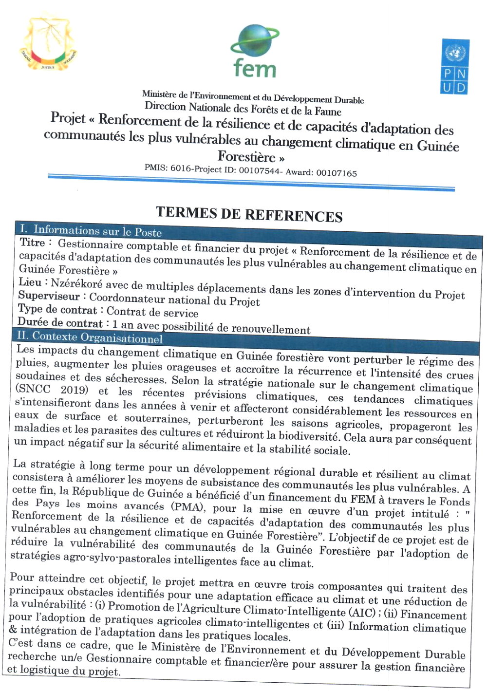 Avis de recrutement d'un Gestionnaire comptable et financier du projet | PAGE 1