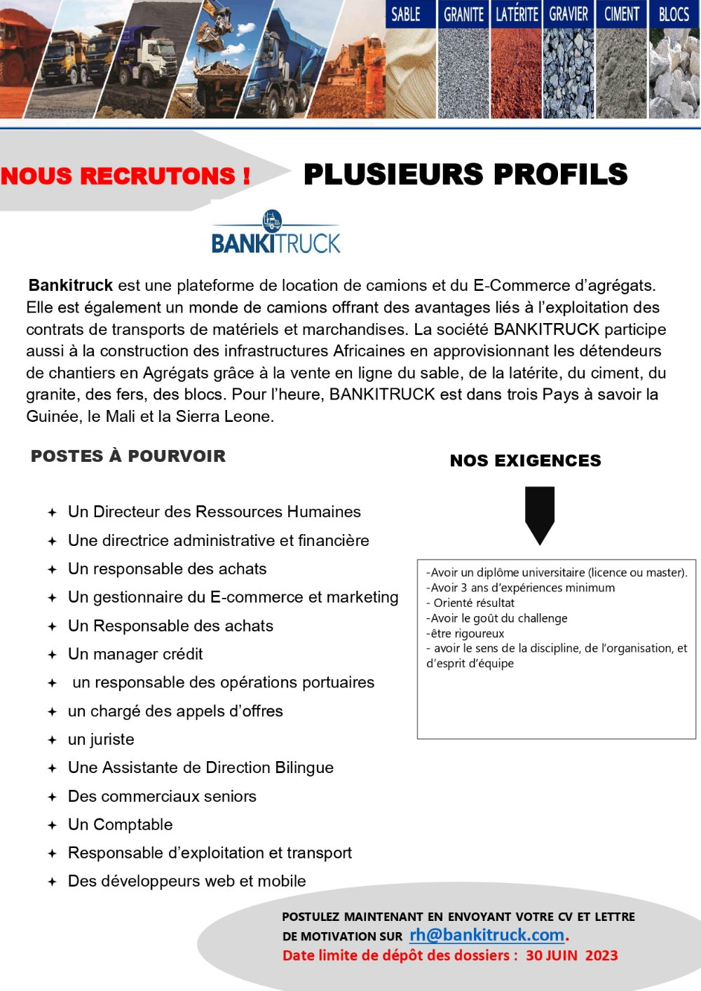 RECRUTEMENT DE PLUSIEURS PROFILS - BANKITRUCK