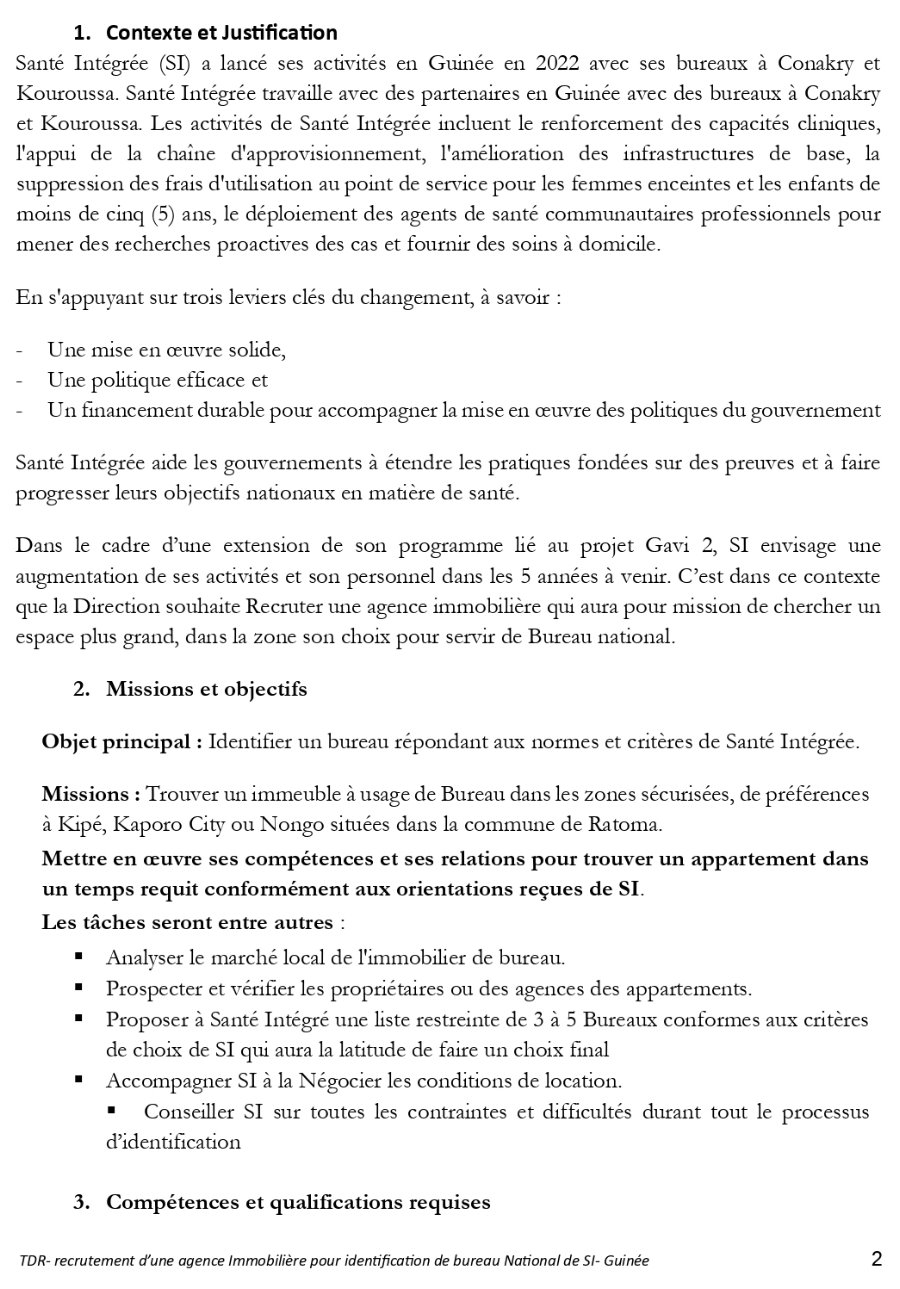 RECRUTEMENT D'UNE AGENCE IMMOBILIERE POUR l'IDENTIFICATION ET LA SELECTIOND'UN BUREAU NATIONAL POUR SANTE INTEGREE GUINEE | Page 2