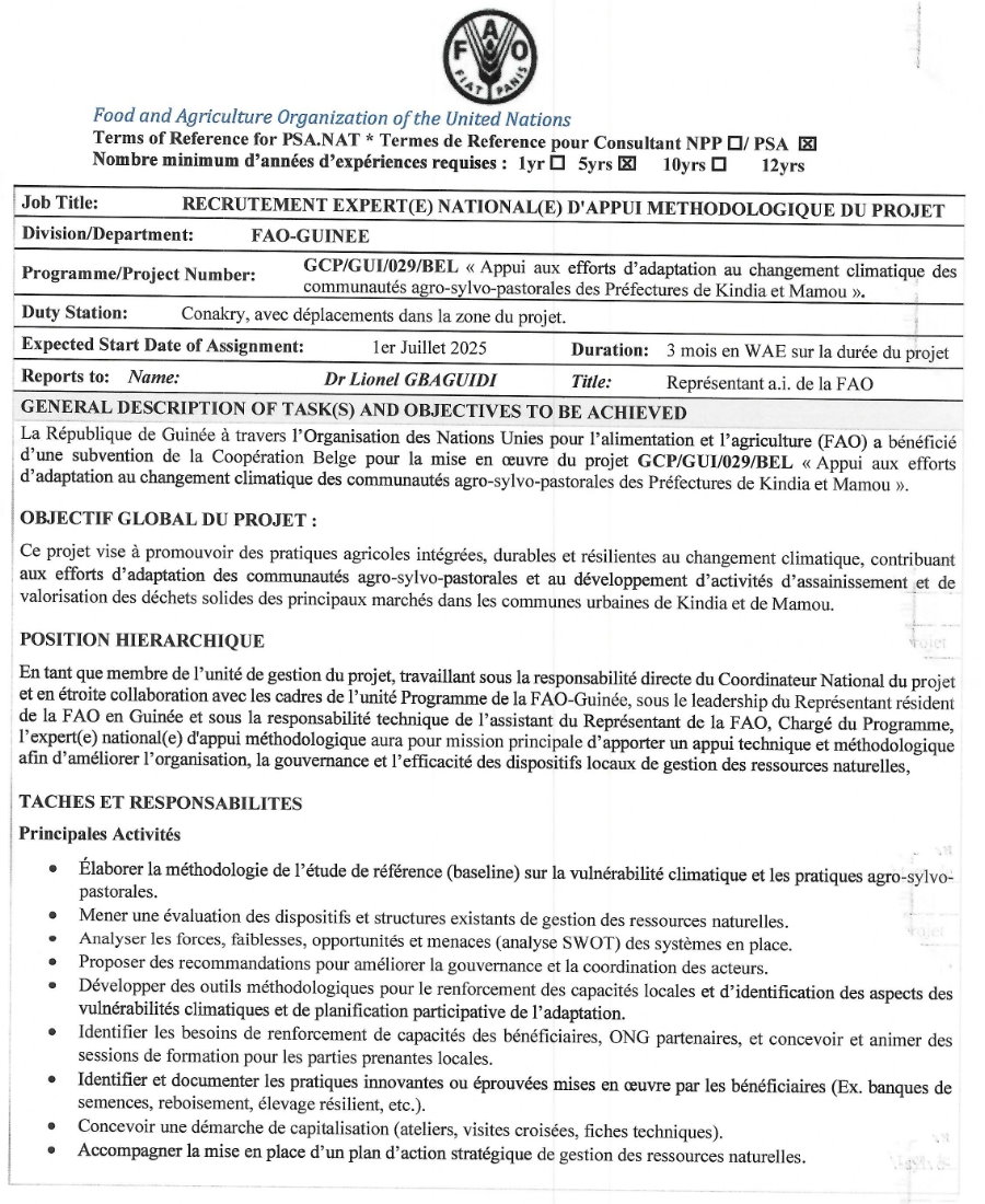 Avis de recrutement expert(e) national(e) d'appui methodologique du projet | Page 1