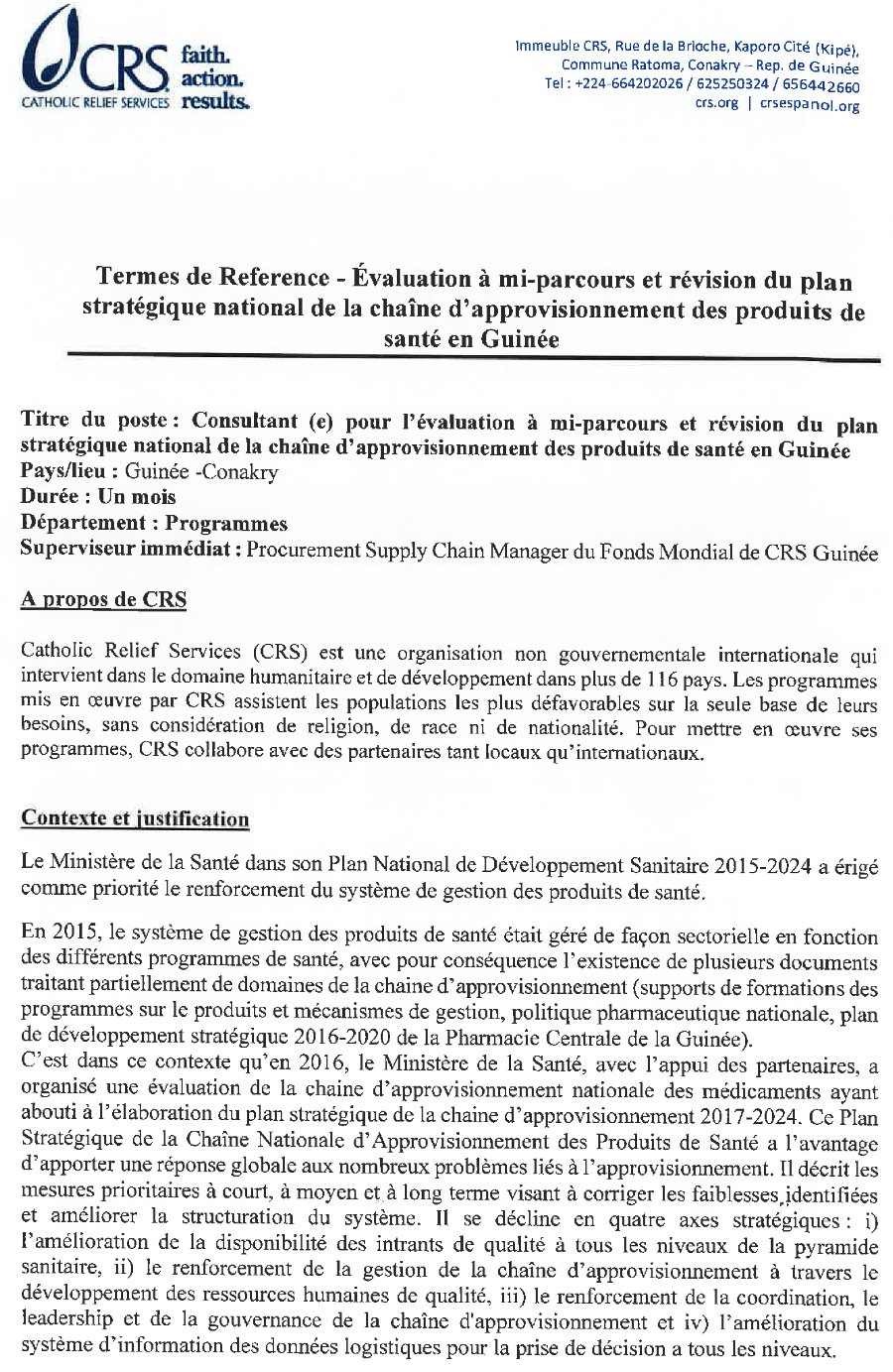 RECRUTEMENT D’UN CONSULTANT (E) POUR L’EVALUATION A MI-PARCOURS ET REVISION DU PLAN STRATEGIQUE NATIONAL