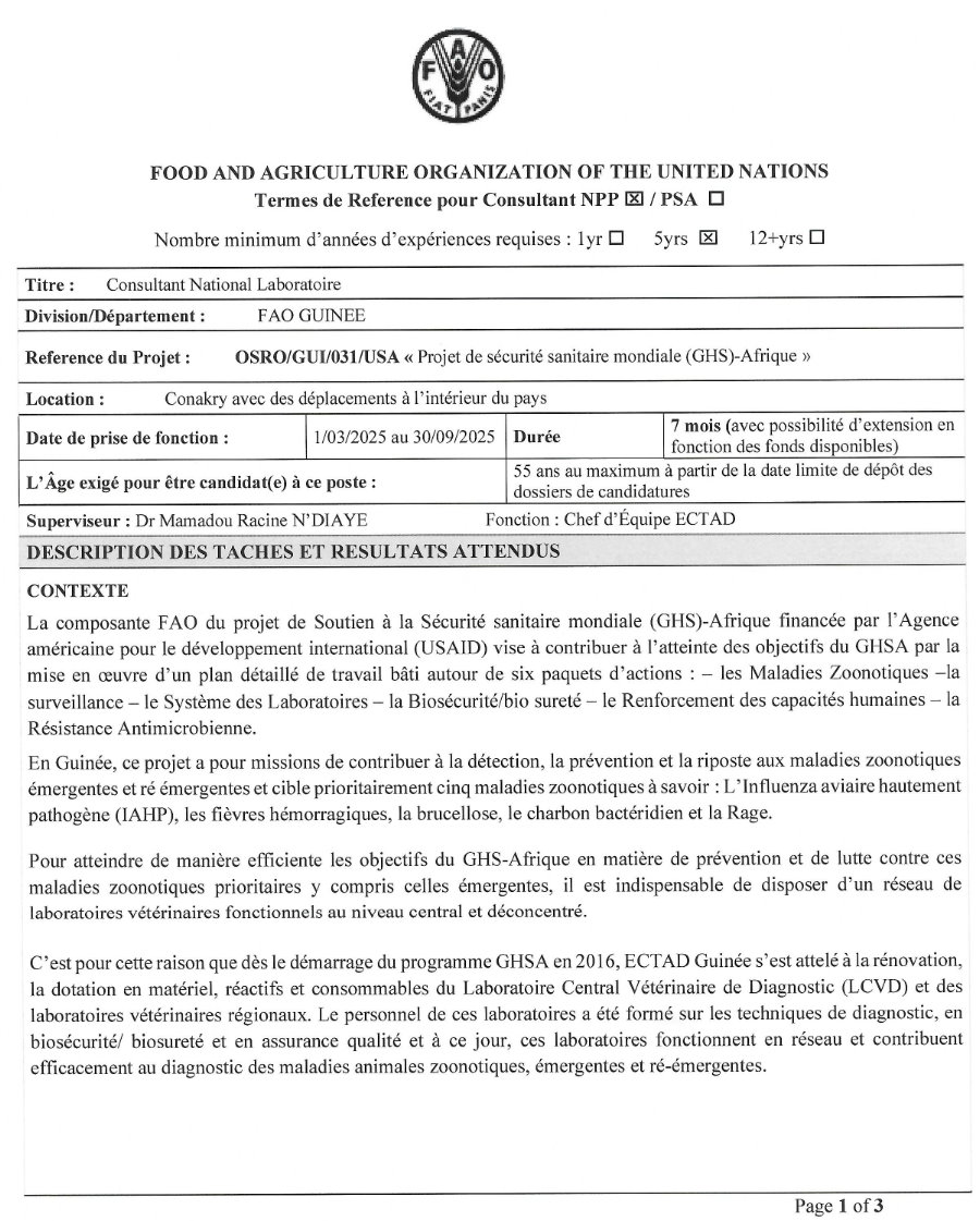 Recrutement D'un Consultant National Laboratoire | page 1