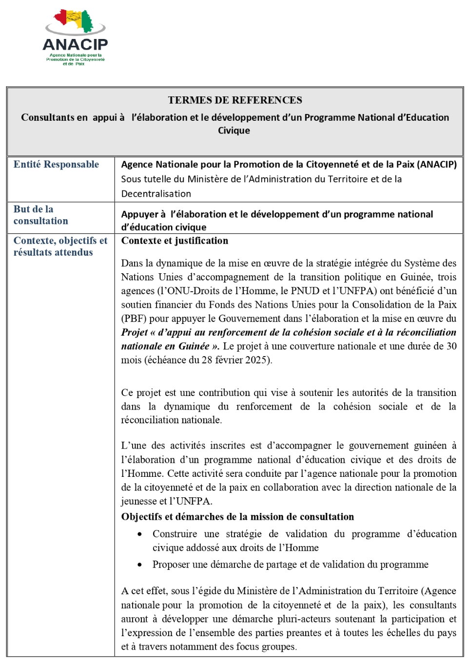 TERMES DE REFERENCES Consultants en appui à l’élaboration et le développement d’un Programme National d’Education Civique | Page 1