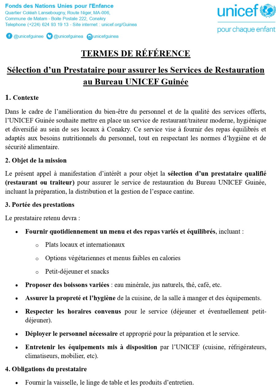 Sélection d’un Prestataire pour assurer les Services de Restauration au Bureau UNICEF Guinée | Page 1