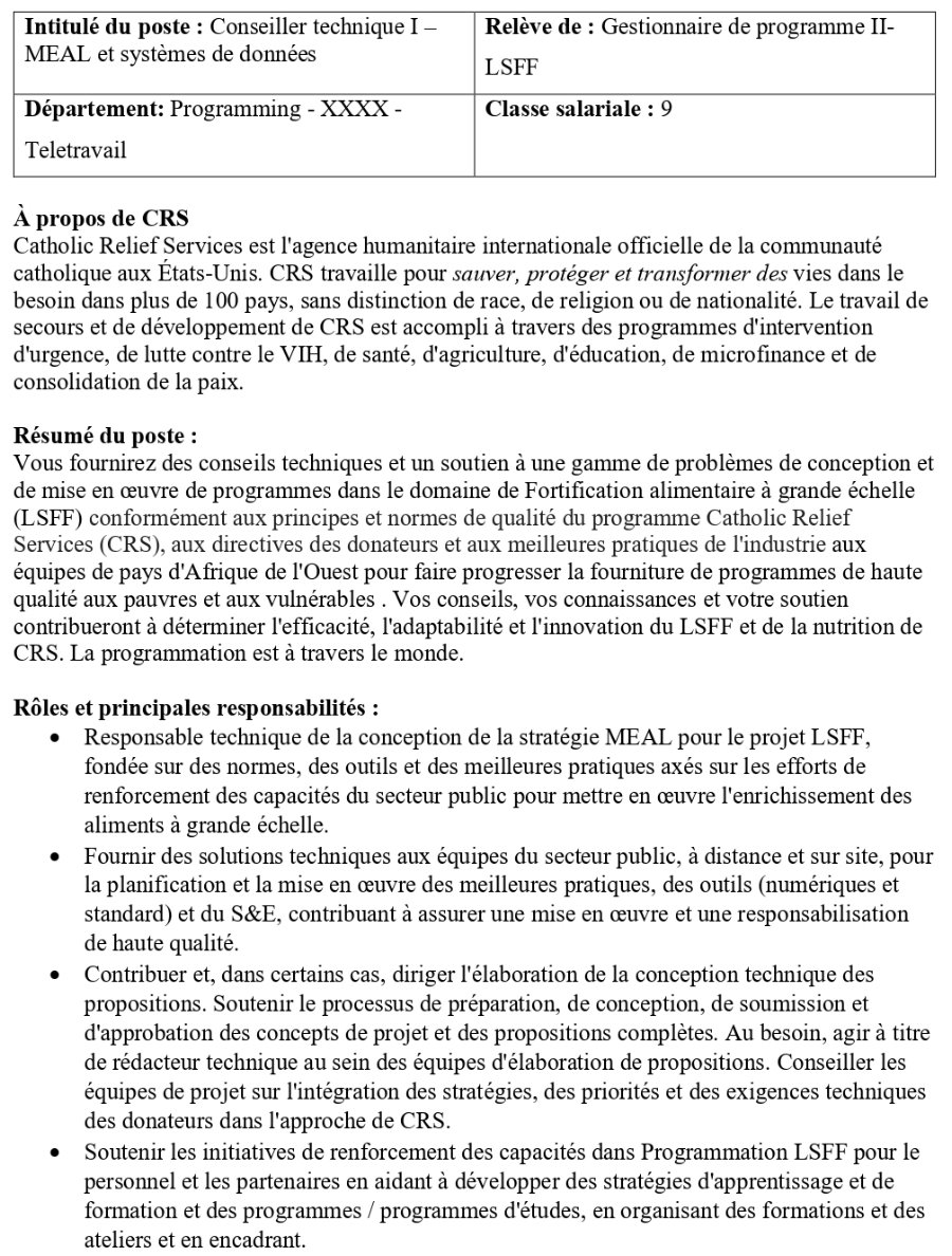 Avis de recrutement du poste de Conseiller technique I – MEAL et systèmes de données | Page 1