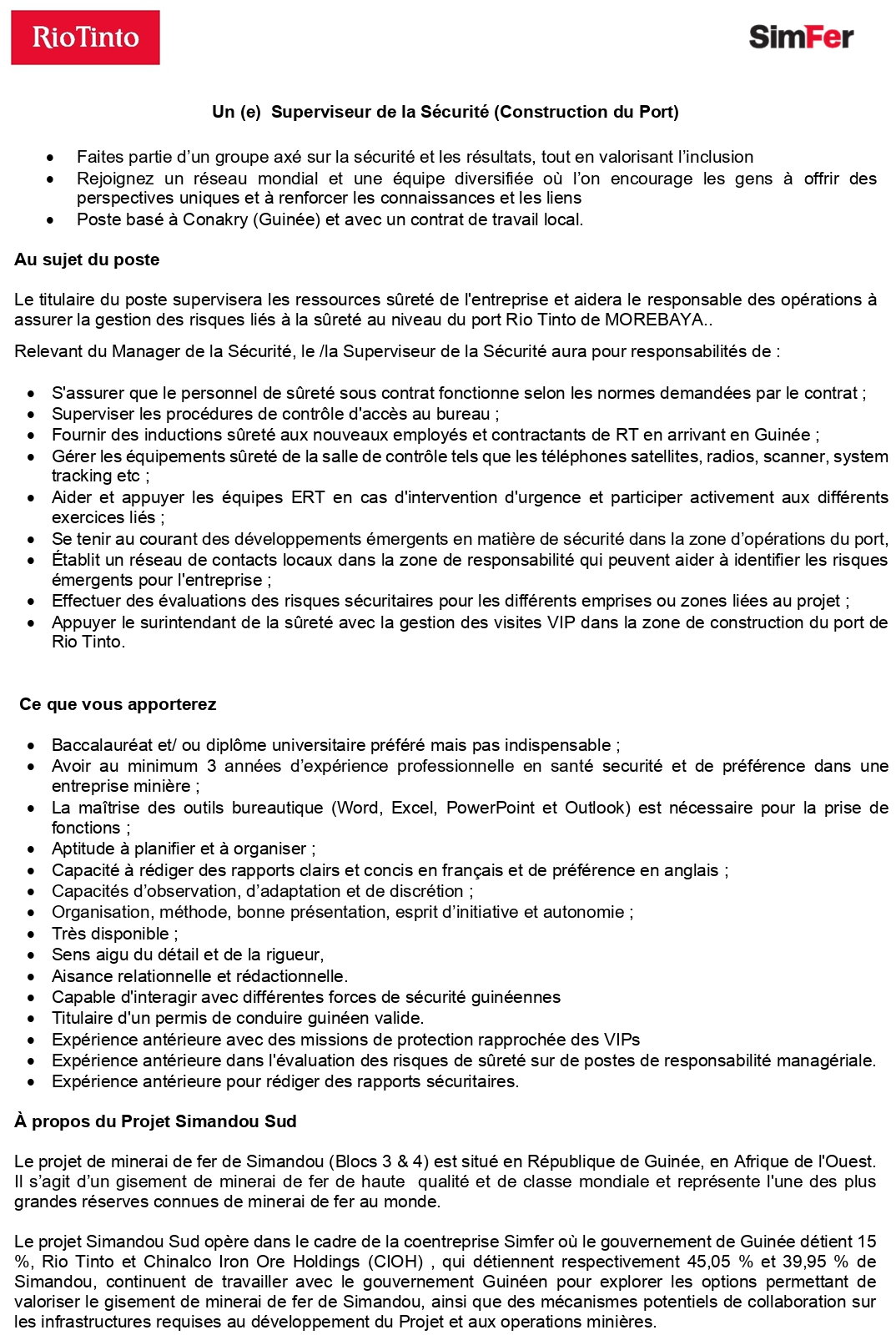 Un (e) Superviseur de la Sécurité (Construction du Port) | Page 1