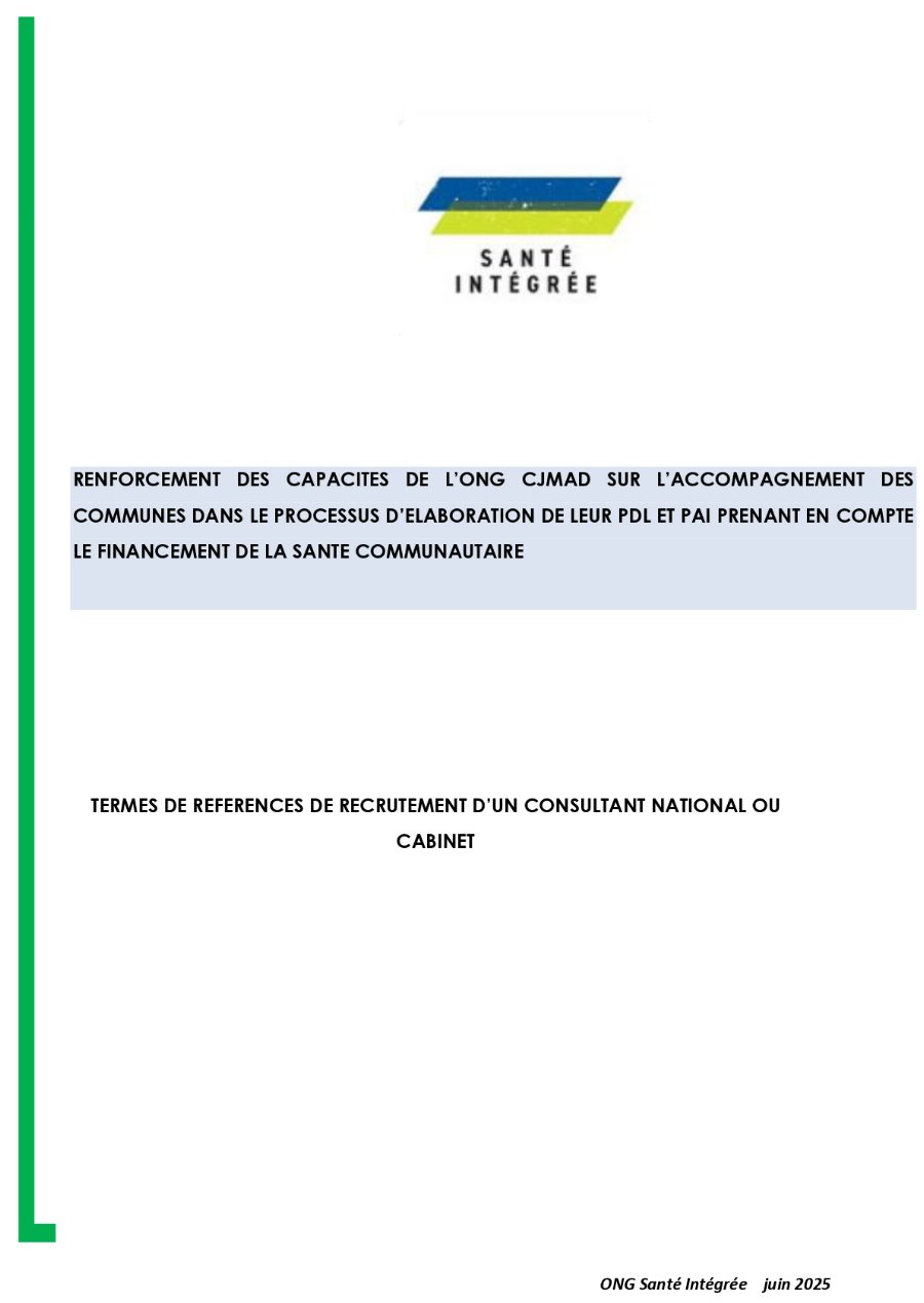 RENFORCEMENT DES CAPACITES DE LONG CJMAD SUR L'ACCOMPAGNEMENT DES COMMUNES DANS LE PROCESSUS D'ELABORATION DE LEUR PDL ET PAI PRENANT EN COMPTE LE FINANCEMENT DE LA SANTE COMMUNAUTAIRE | PAGE 1