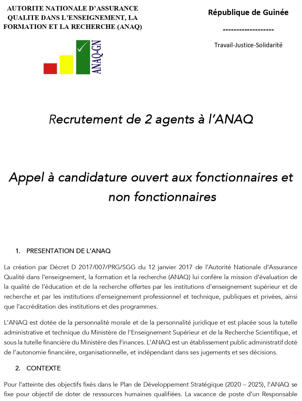 Avis de Recrutement de 2 agents à l’ANAQ 