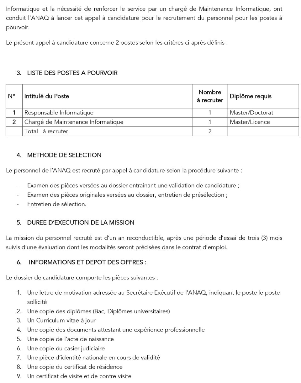 Avis de Recrutement de 2 agents à l’ANAQ