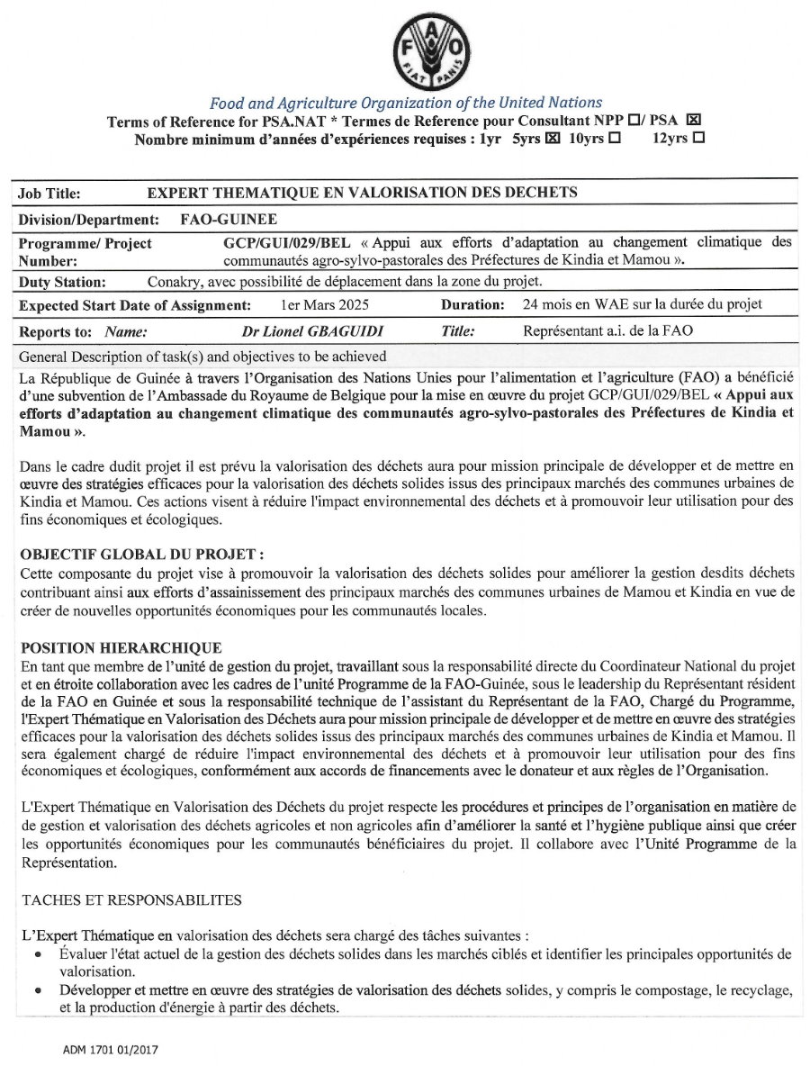 RECRUTEMENT D'UN EXPERT THEMATIQUE EN VALORISATION DES DECHETS | Page 1