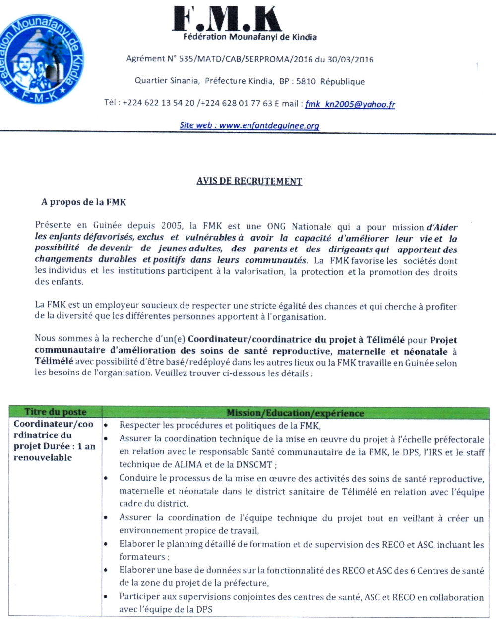 Avis de recrutement d'un(e) Coordinateur/coordinatrice du projet à Télimélé | Page 1