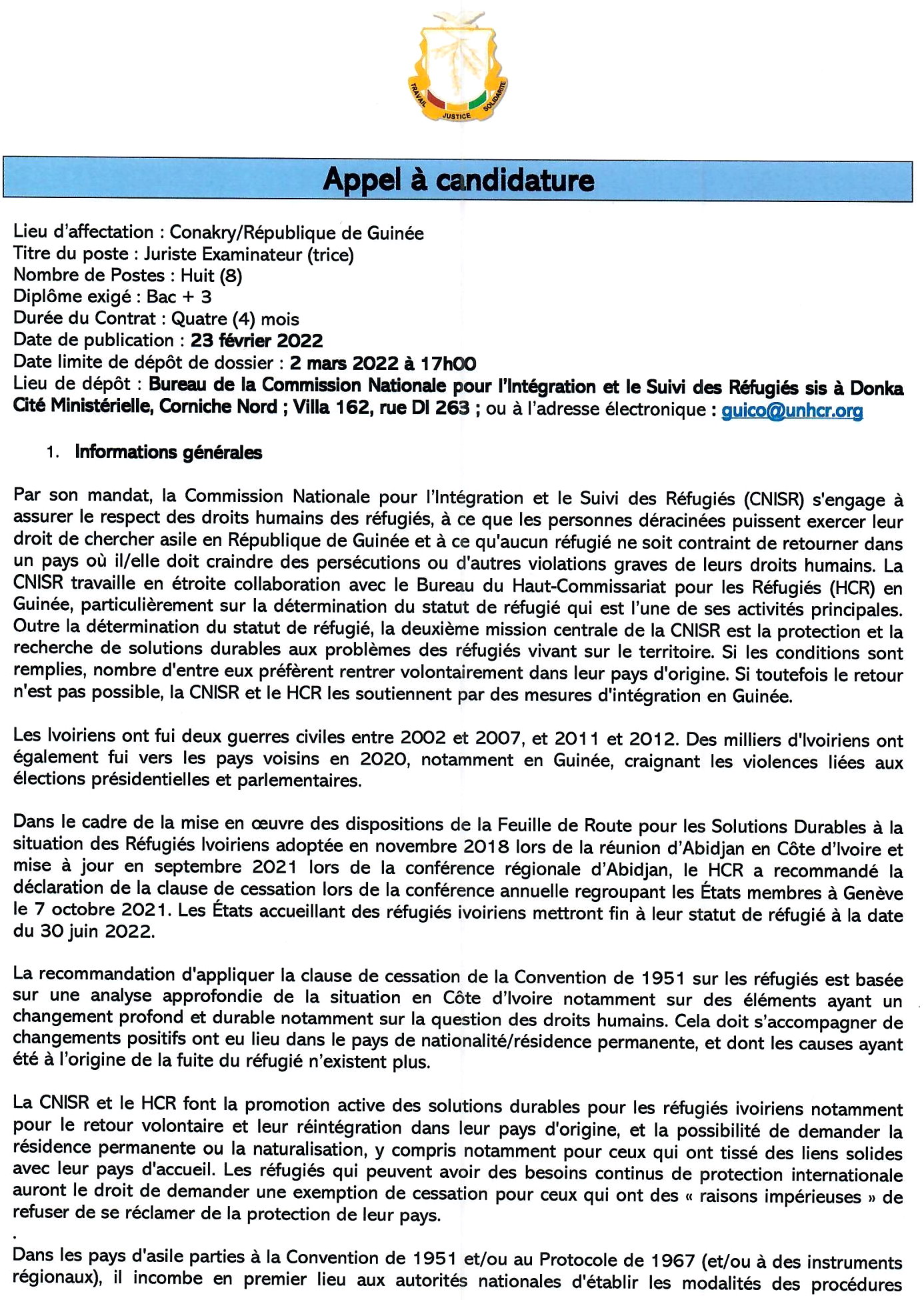 Avis de recrutement d'un Juriste Examinateur (Trice) page 1