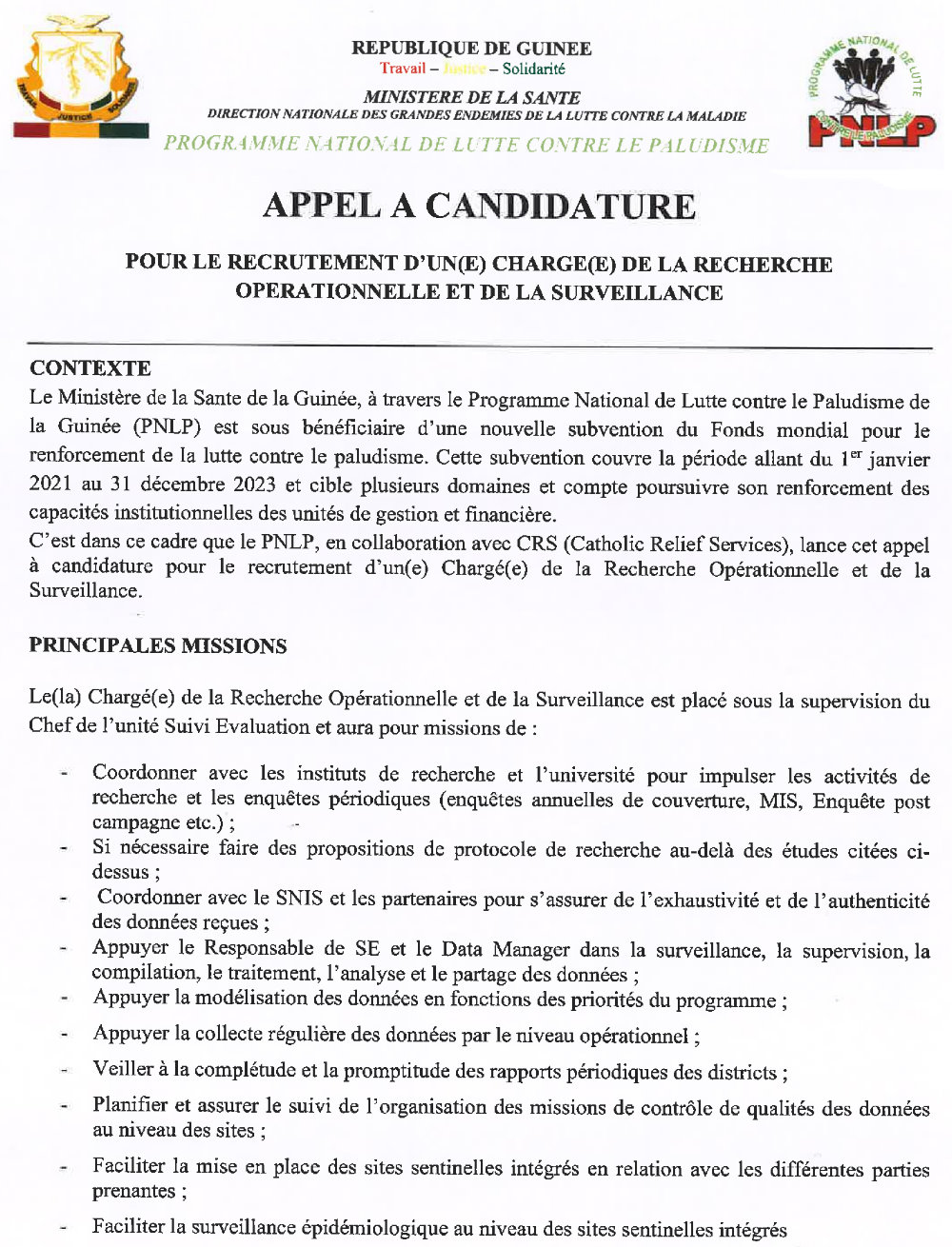 Avis de recrutement d’un Chargé de la Recherche Opérationnelle et de la surveillance p1