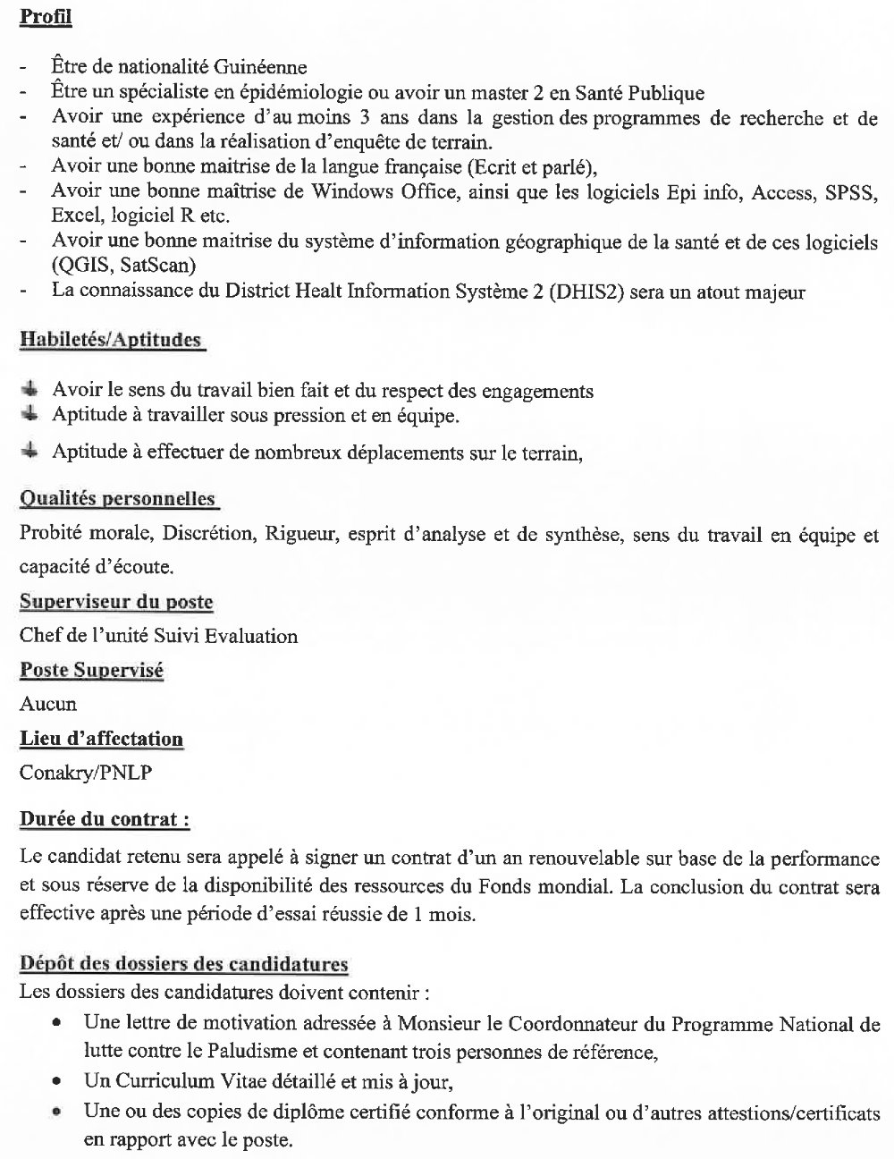 Avis de recrutement d’un Chargé de la Recherche Opérationnelle et de la surveillance p2