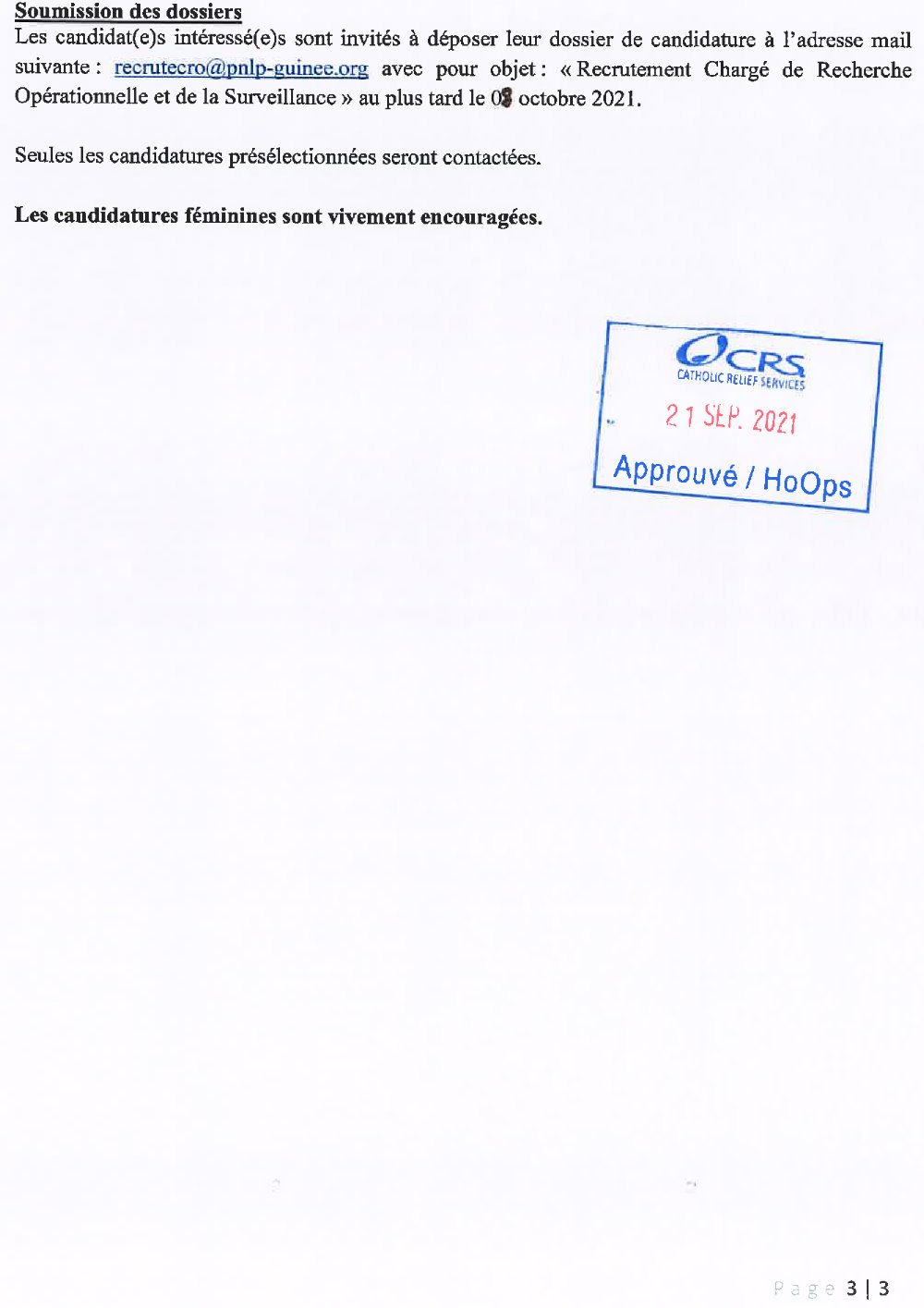 Avis de recrutement d’un Chargé de la Recherche Opérationnelle et de la surveillance p3