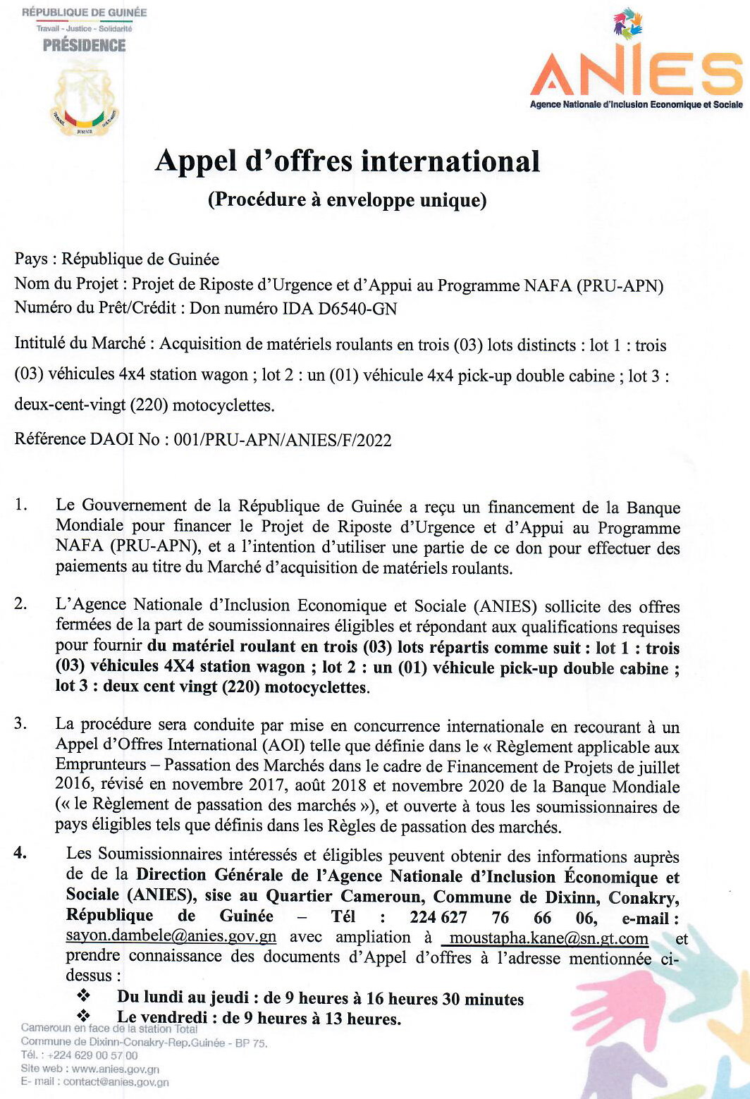 Avis d'appel d'offres international pour l'acquisition de matériels roulants en trois (03) lots | Page 1