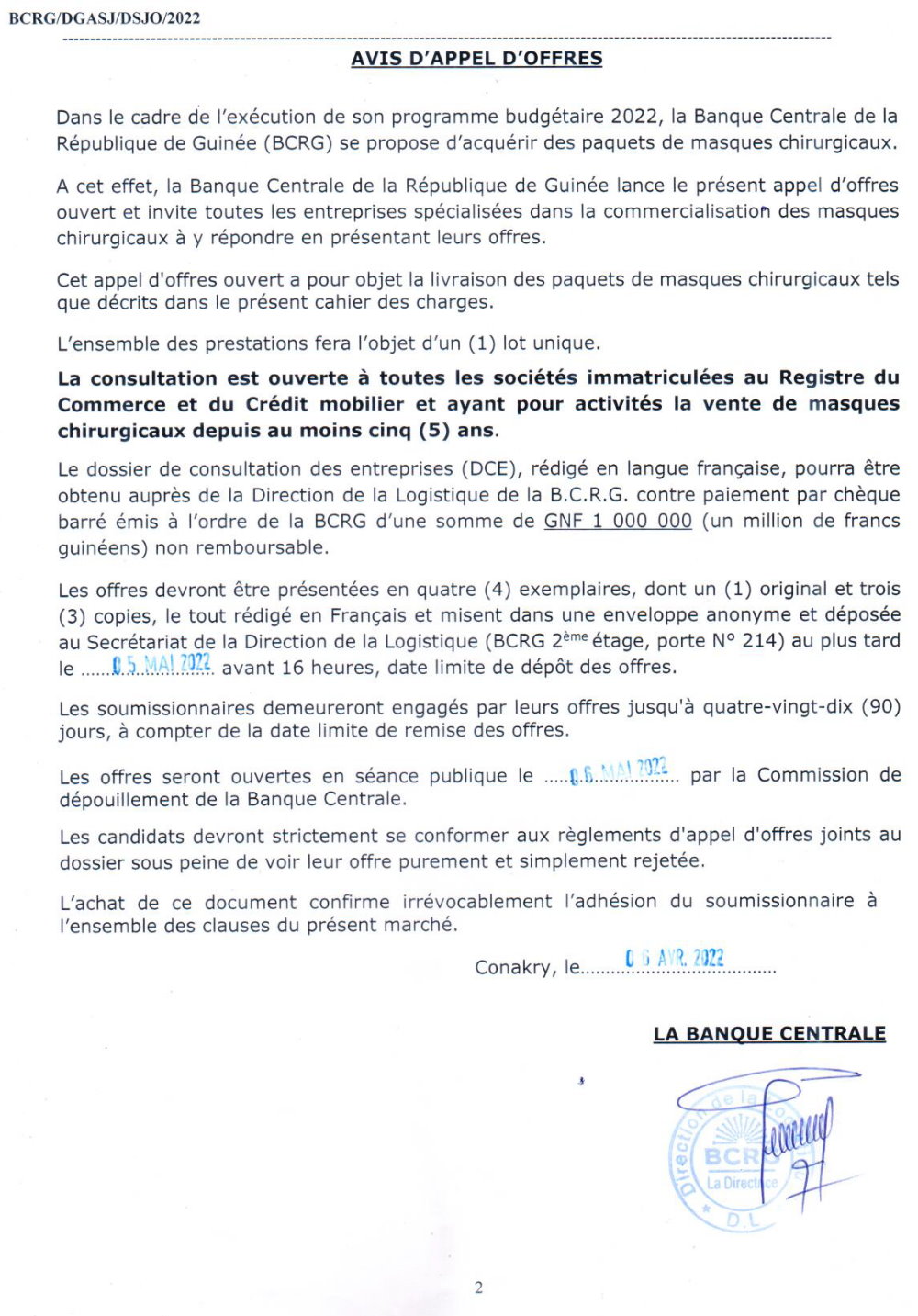 Avis d'appel d'offres pour la livraison des paquets de masques chirurgicaux page 1