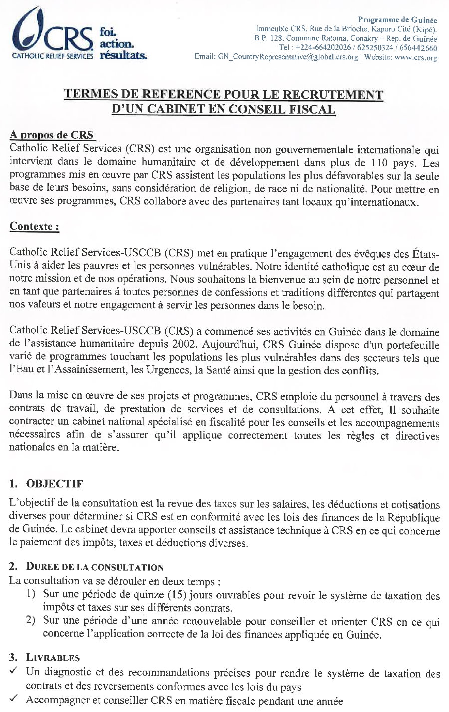 Termes de référence CRS pour le recrutement d'un cabinet en conseil fiscal - Appel d'offre page 1