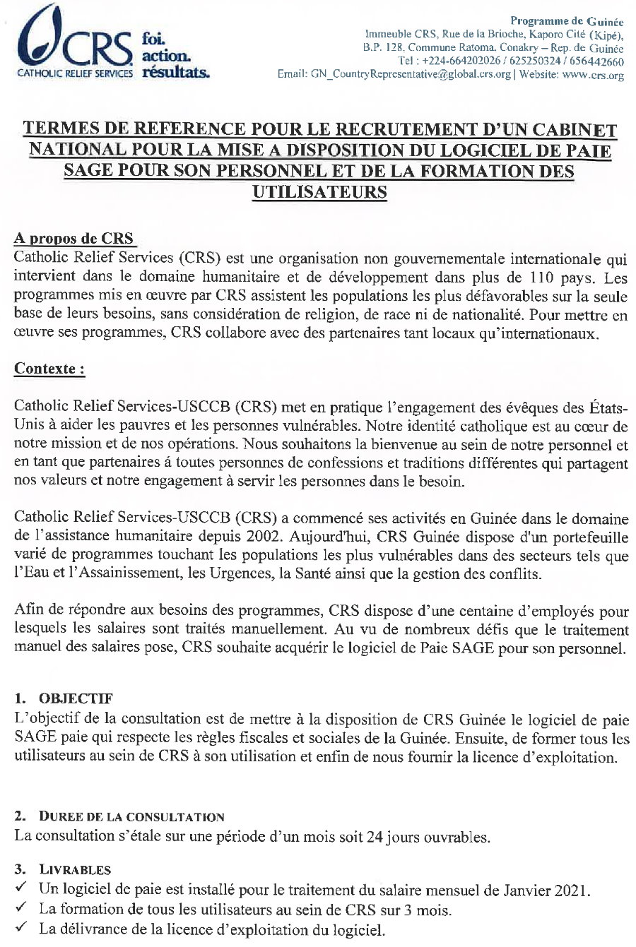 Termes de Références CRS en guinée pour le Recrutement d'Un Cabinet  - Appel d'Offres Page 1