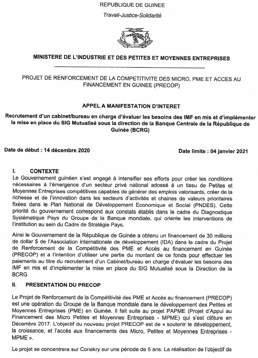 Recrutement d'Un Cabinet/Bureau en Charge d’évaluer les Besoins des IMF - PRECOP