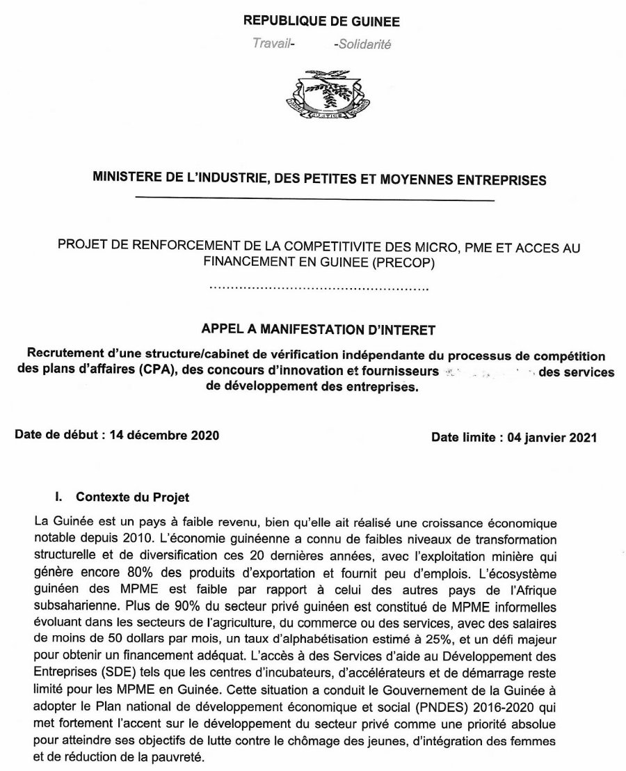 Avis de Recrutement d'Une Structure/Cabinet de Vérification Indépendante du Processus de Compétition des Plans d'Affaires (CPA), des Concours d’Innovation et Fournisseurs des Services de Développement des Entreprises