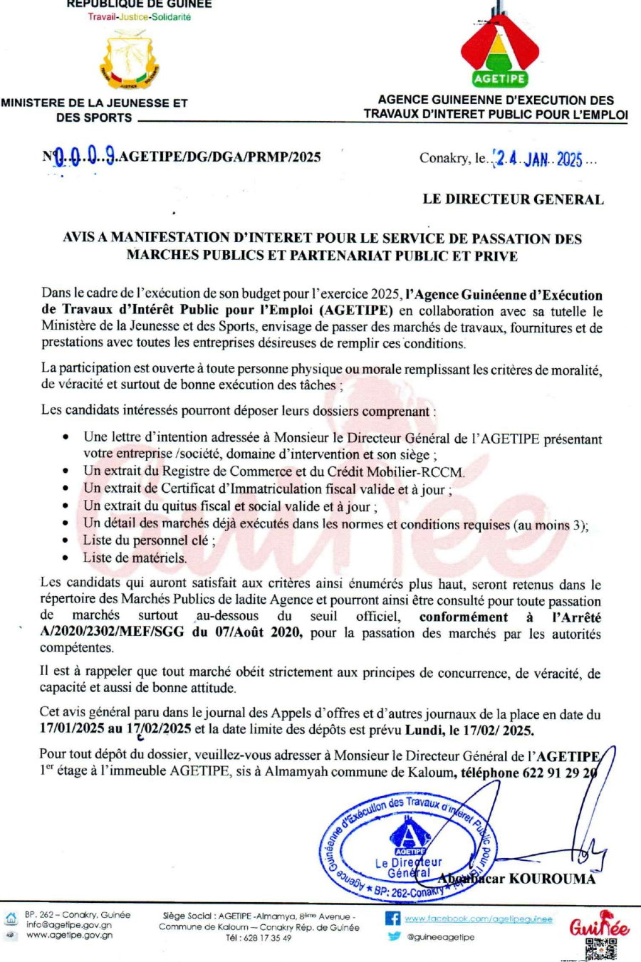 AVIS A MANIFESTATION D'INTERET POUR LE SERVICE DE PASSATION DES MARCHES PUBLICS ET PARTENARIAT PUBLIC ET PRIVE |  Page 1