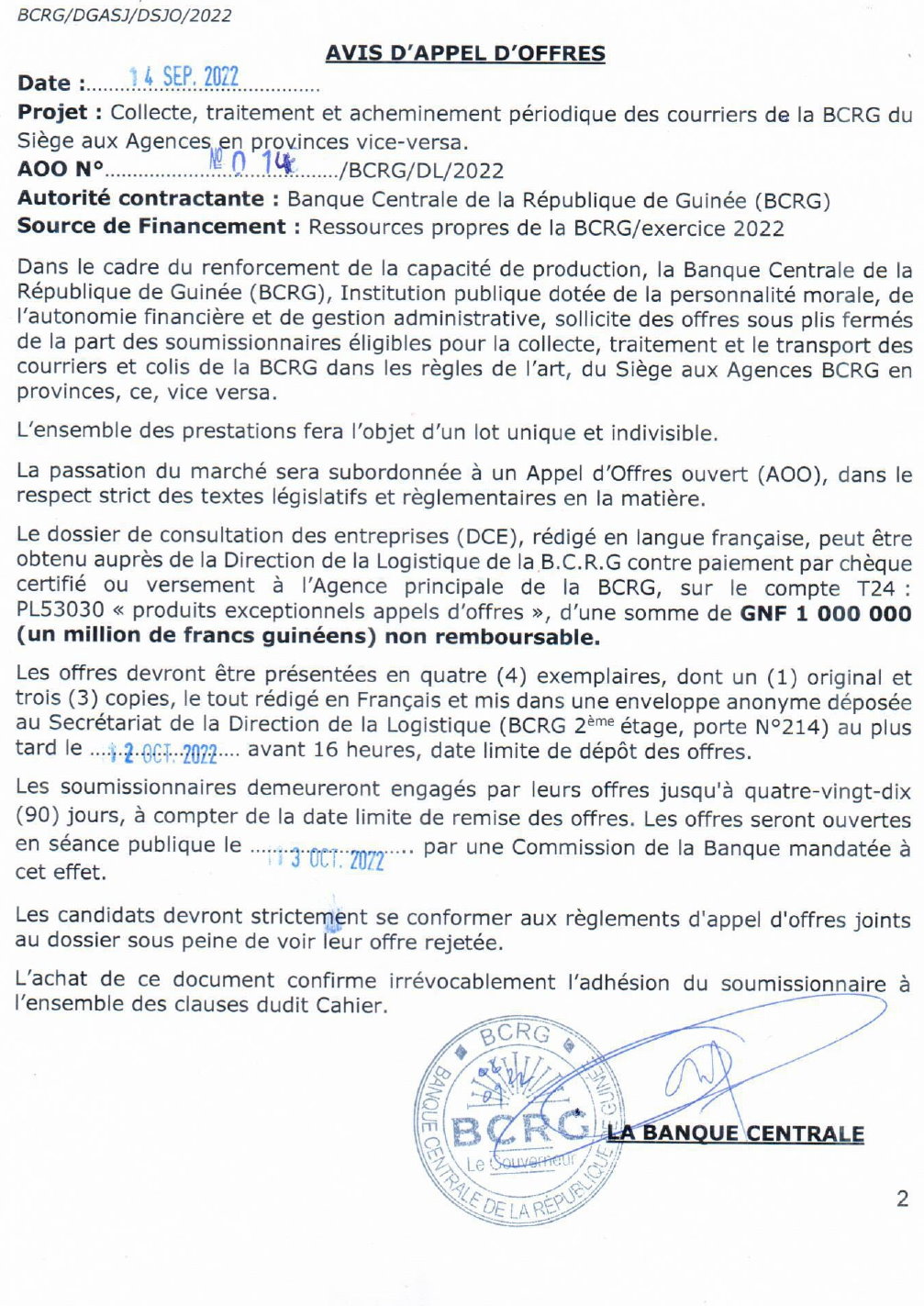 Collecte, traitement et acheminement périodique des courriers de la BCRG du Siège aux Agences,en provinces vice-versa