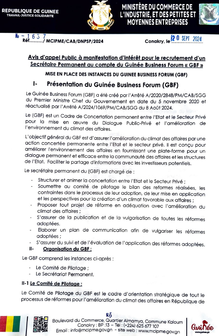 Avis d'appel Public à manifestation d'intérêt pour le recrutement d'un Secrétaire Permanent au compte du Guinée Business Forum « GBF » | Page 1