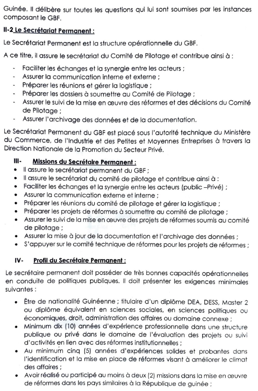 Avis d'appel Public à manifestation d'intérêt pour le recrutement d'un Secrétaire Permanent au compte du Guinée Business Forum « GBF » | Page 2
