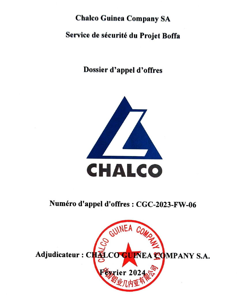 Avis d'appel d'offre du Service de sécurité du Projet Boffa de Chalco Guinea Company SA | Page 1