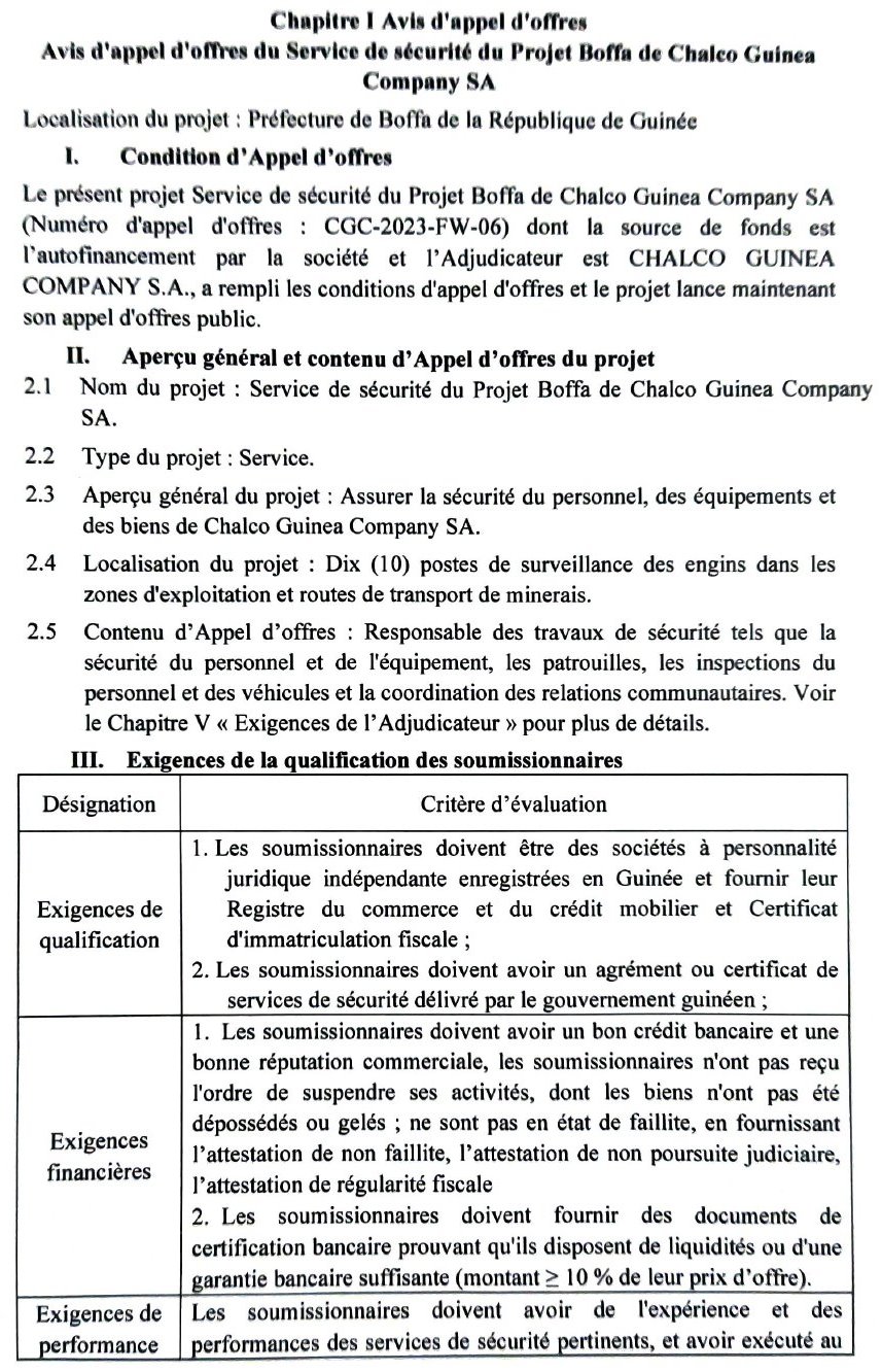 Avis d'appel d'offre du Service de sécurité du Projet Boffa de Chalco Guinea Company SA | Page 2