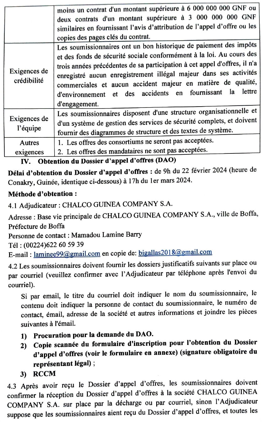 Avis d'appel d'offre du Service de sécurité du Projet Boffa de Chalco Guinea Company SA | Page 3