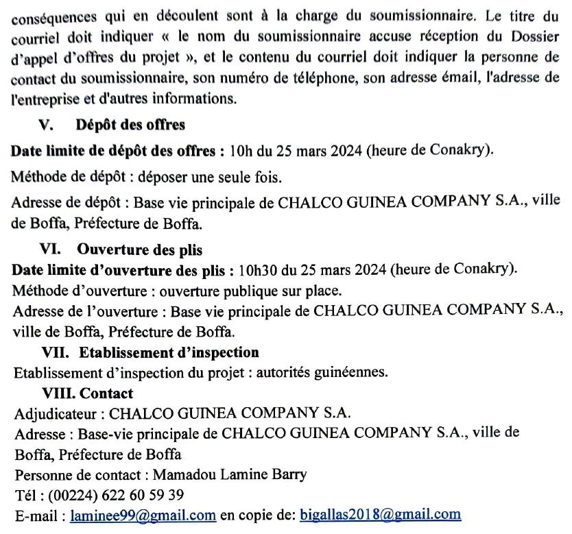 Avis d'appel d'offre du Service de sécurité du Projet Boffa de Chalco Guinea Company SA | Page 4