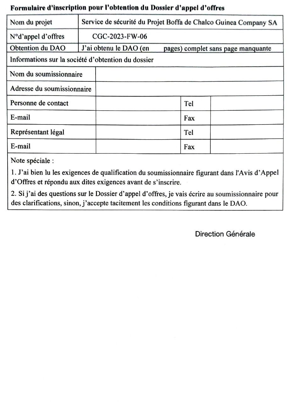 Avis d'appel d'offre du Service de sécurité du Projet Boffa de Chalco Guinea Company SA | Page 5