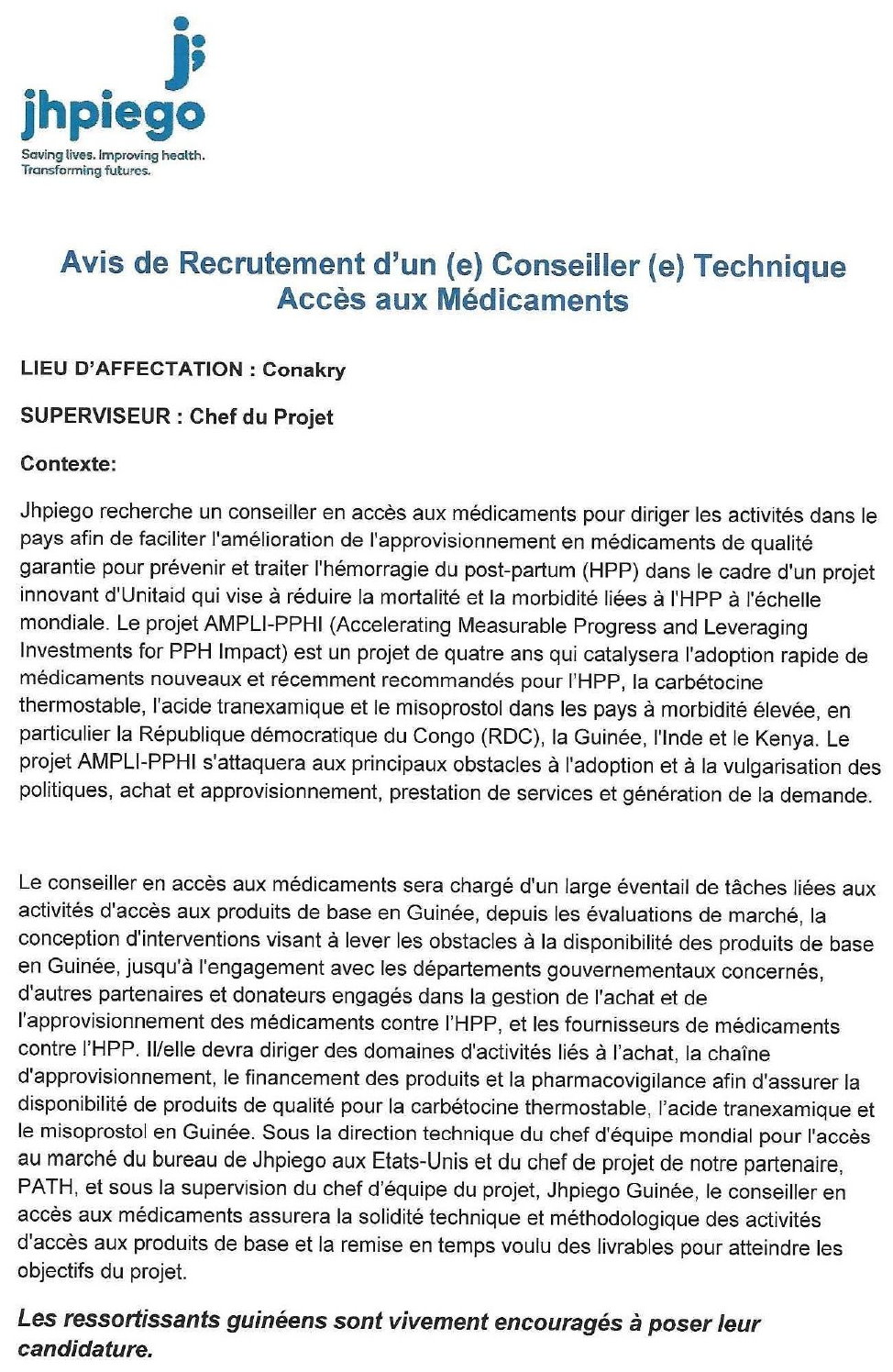Avis de Recrutement d’un (e) Conseiller (e) Technique Accès aux Médicaments | Page 1
