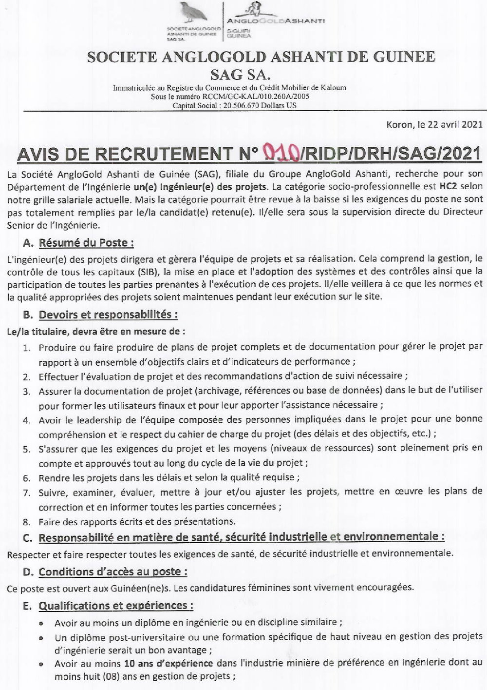 Recrutement d'un(e) Ingénieur(e) des Projets SAG guinée p1