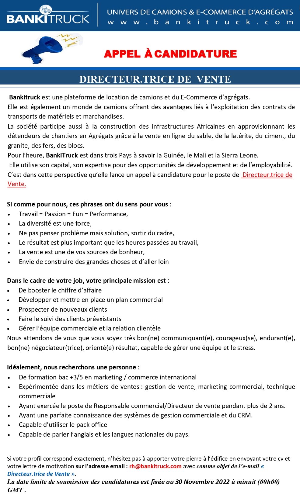 Avis De recrutement d'un directeur.trice de vente - bankitruck