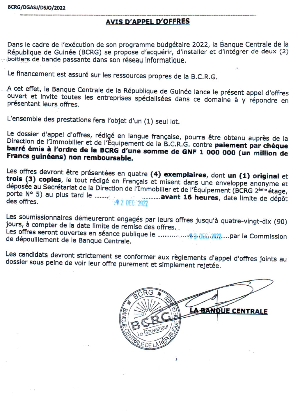 Avis d'appel d'offres pour l'acquisition, l'installation et l'intégration de deux (2) boîtiers de bande passante dans son réseau informatique