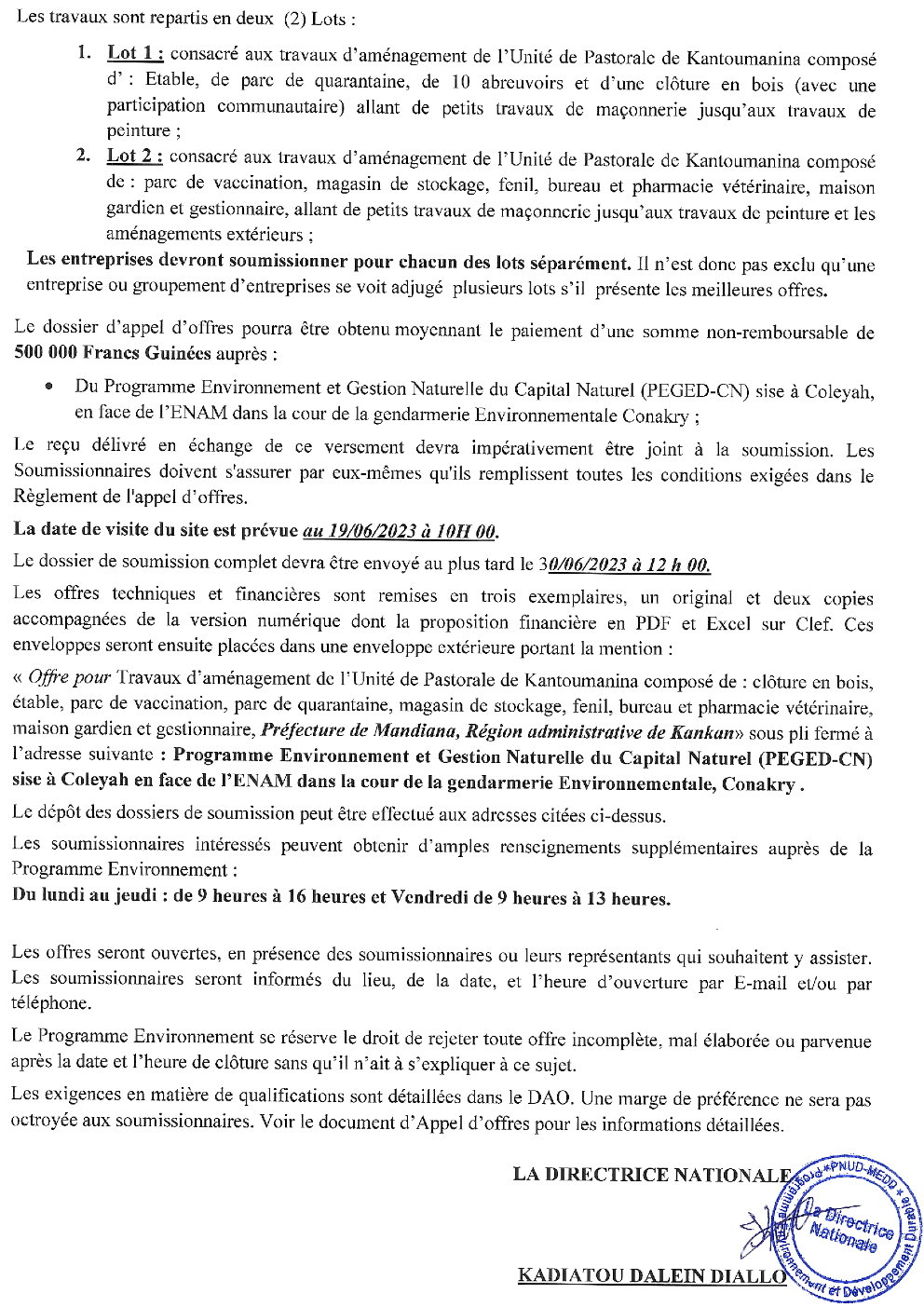 Avis d'appel d'offres national pour le recrutement d'entreprise ou de groupement d'entreprises pour la réalisation des travaux d'aménagement de l'Unité de Pastorale de Kantoumanina, Préfecture de Mandiana, Région administrative de Kankan | Page 2
