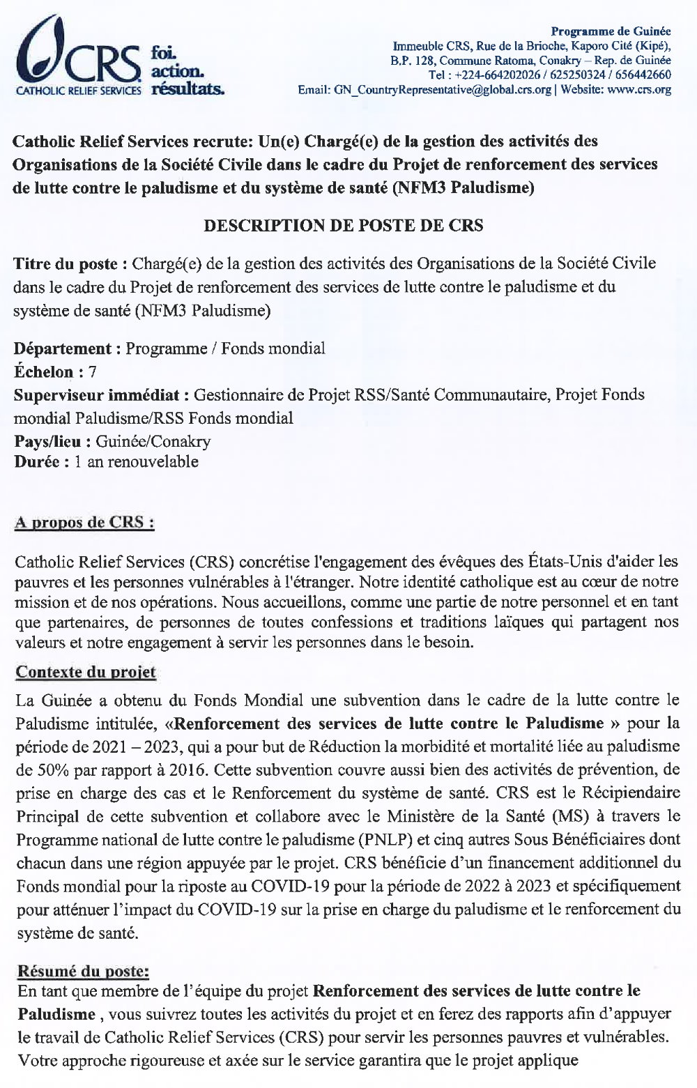Avis de recrutement d’un(e ) chargé(e ) de la gestion des activités des organisations de la société civile dans le cadre du projet de renforcement des services de lutte contre le Paludisme et du système de santé (NFM3 Paludisme) p1